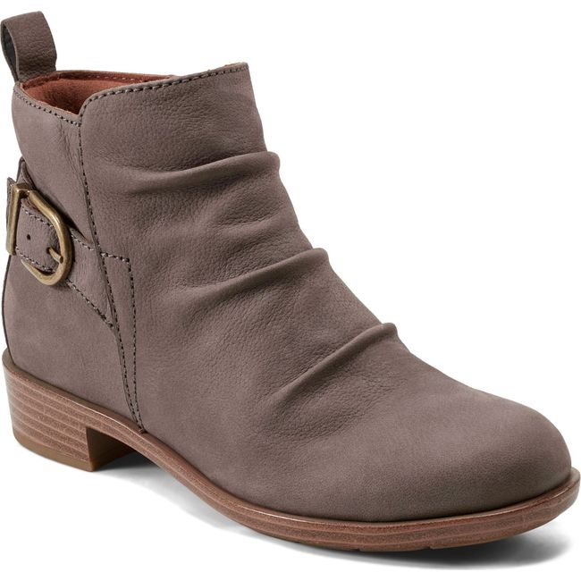 Front angled view of Women's Cobb Hill Nessa Ruched Bootie in Medium Gray