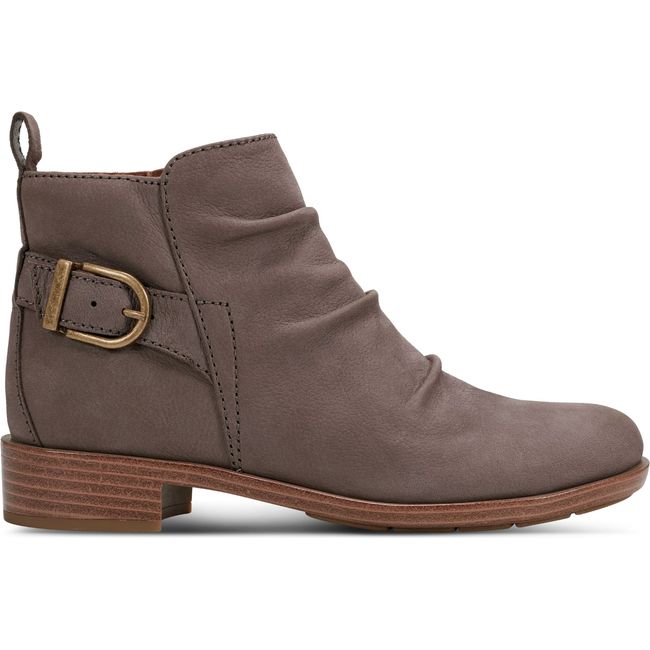 Lateral side of Women's Cobb Hill Nessa Ruched Bootie in Medium Gray