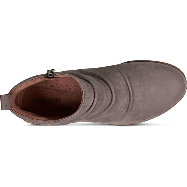 Top down view of Women's Cobb Hill Nessa Ruched Bootie in Medium Gray with interior side zipper