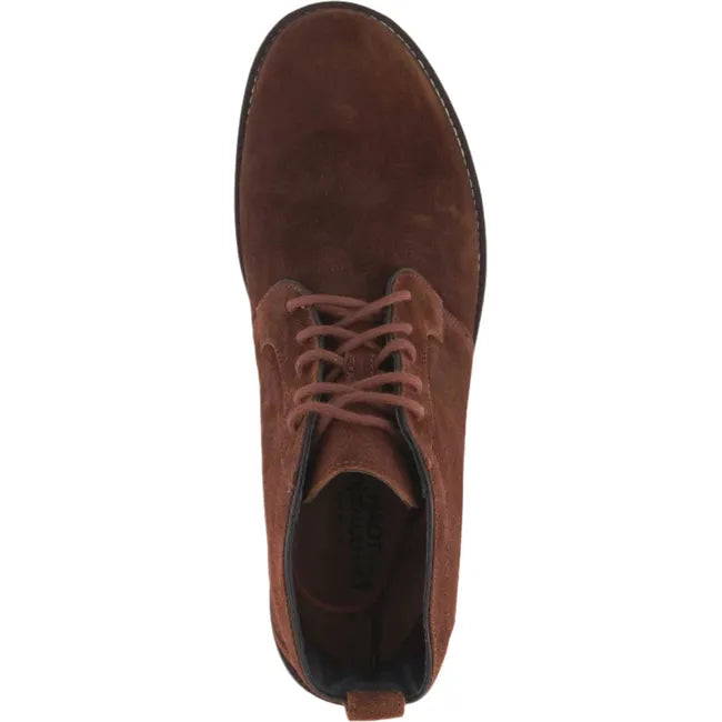 Top view of a pair of the Naot Men's Commander Ankle Boots in Sea Brown Suede, highlighting the classic lace-up closure, soft leather inner lining, and white stitching connecting the upper to the polyurethane sole.
