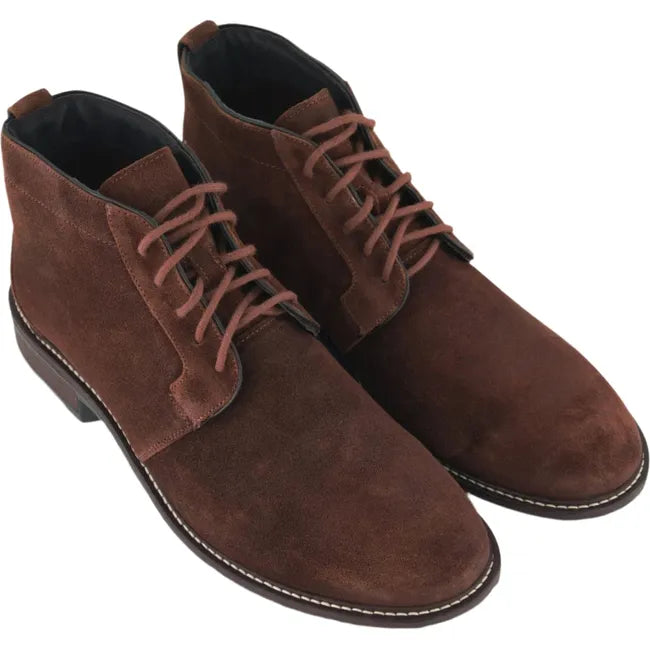 Overhead view of a pair of Naot Men's Commander Ankle Boots in Sea Brown Suede, featuring a classic lace-up closure, white stitching connecting the sole, and a sophisticated design with a polyurethane sole.