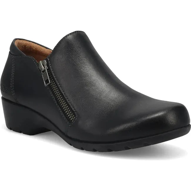 Front angled view of Women's Taos Daily Bootie in Black leather with side zipper