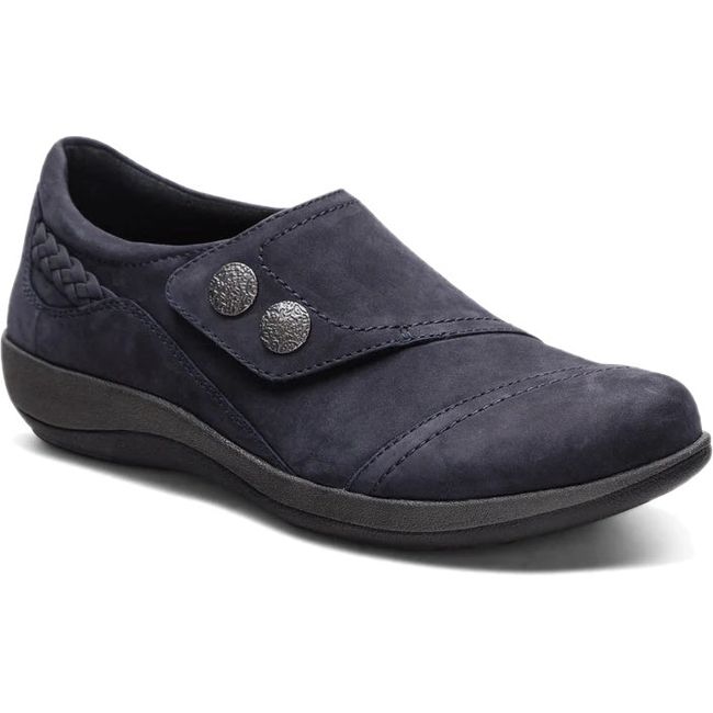 Front angled view of Women's Aetrex Karina Shoe in Navy nubuck leather with velcro strap
