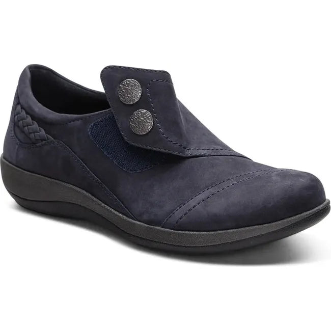 Front of Women's Aetrex Karina Shoe in Navy nubuck leather with adjustable velcro strap open