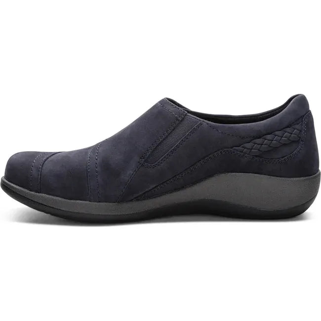 Medial side of Women's Aetrex Karina Shoe in Navy nubuck leather with adjustable velcro strap