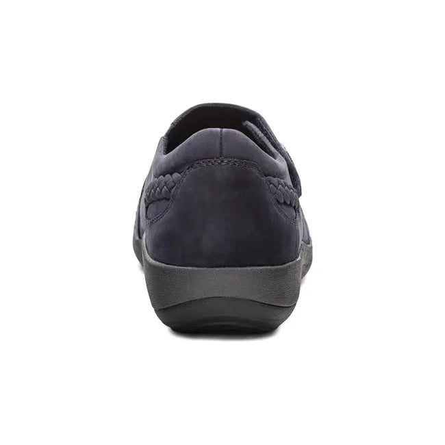 Heel of Women's Aetrex Karina Shoe in Navy nubuck leather with braid detailing
