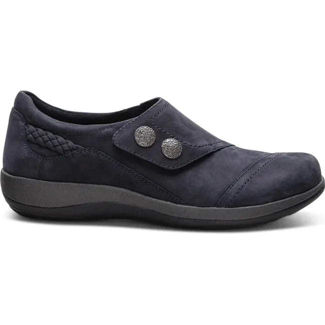 Lateral side of Women's Aetrex Karina Shoe in Navy nubuck leather with adjustable velcro strap