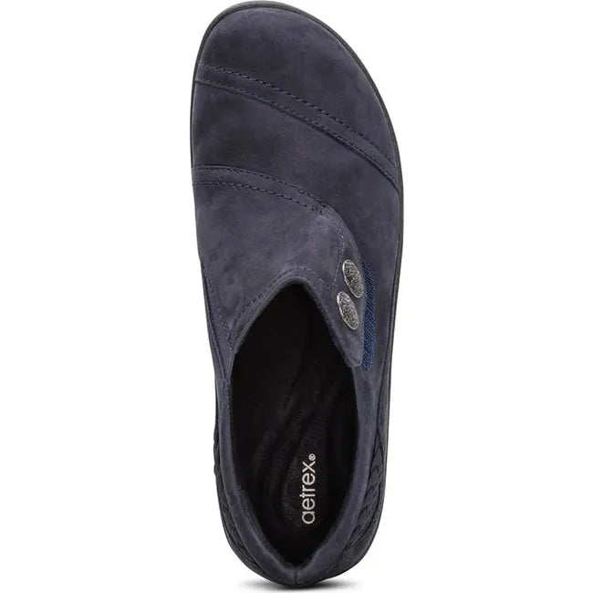 Top down view of Women's Aetrex Karina Shoe in Navy nubuck leather with adjustable velcro strap