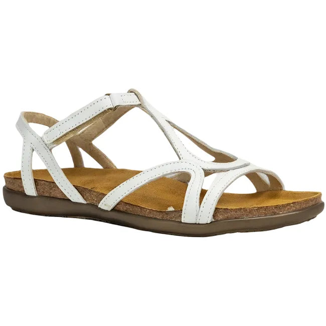 Front angled view of Naot Women's Dorith Sandal in white leather with cork footbed