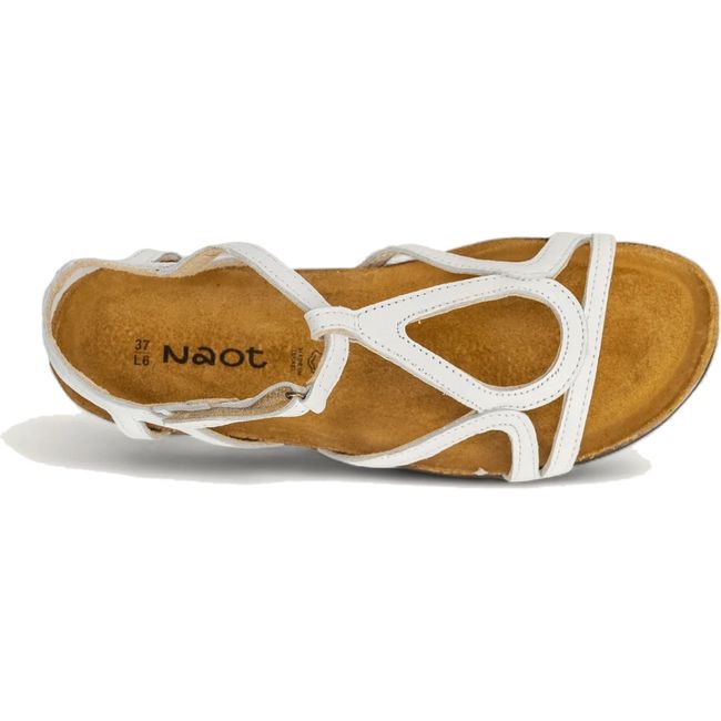 Top down view of Naot Women's Dorith Sandal in white leather with cork footbed