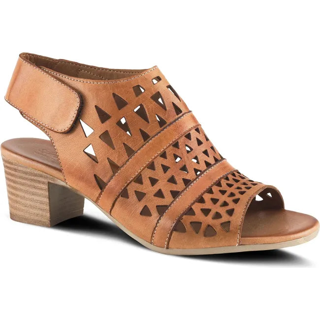 Front angled view of Women's Spring Step Sandal Dorothea in brown leather with velcro backstrap