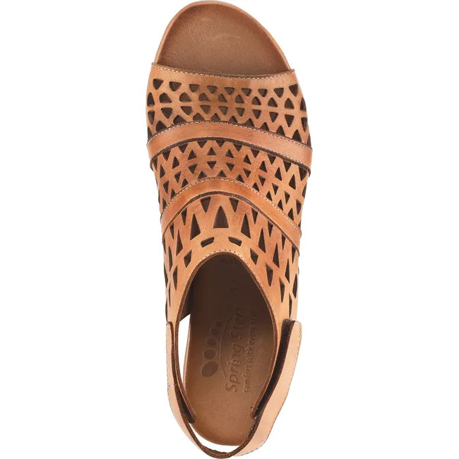 Top down v of Women's Spring Step Sandal Dorothea in brown leather with velcro backstrap