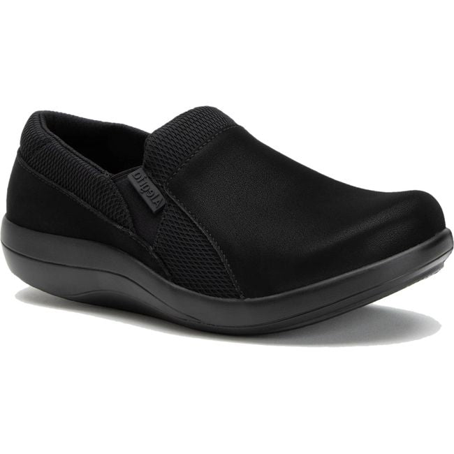 Front angled view of Women's Alegria Duette slip on shoe in black vegan leather