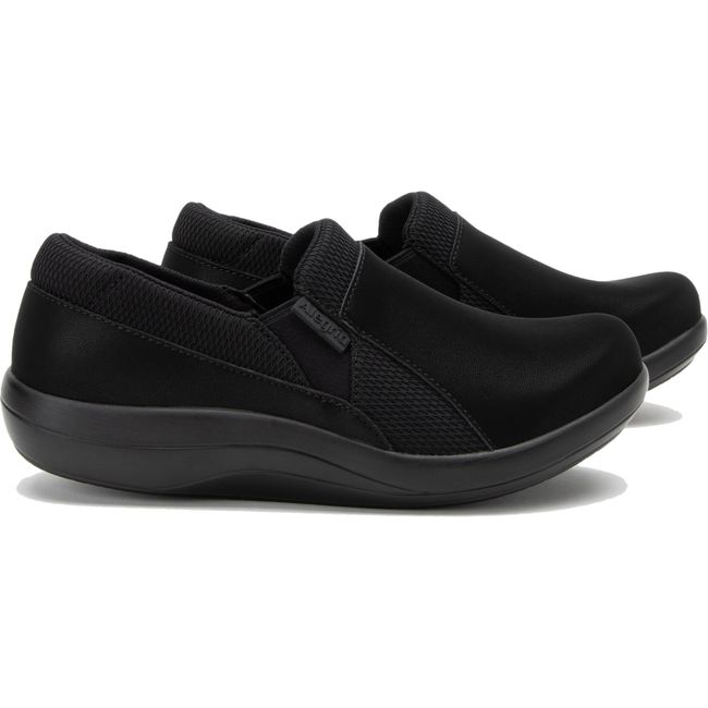 Lateral side of a pair of Women's Alegria Duette slip on shoes in black vegan leather
