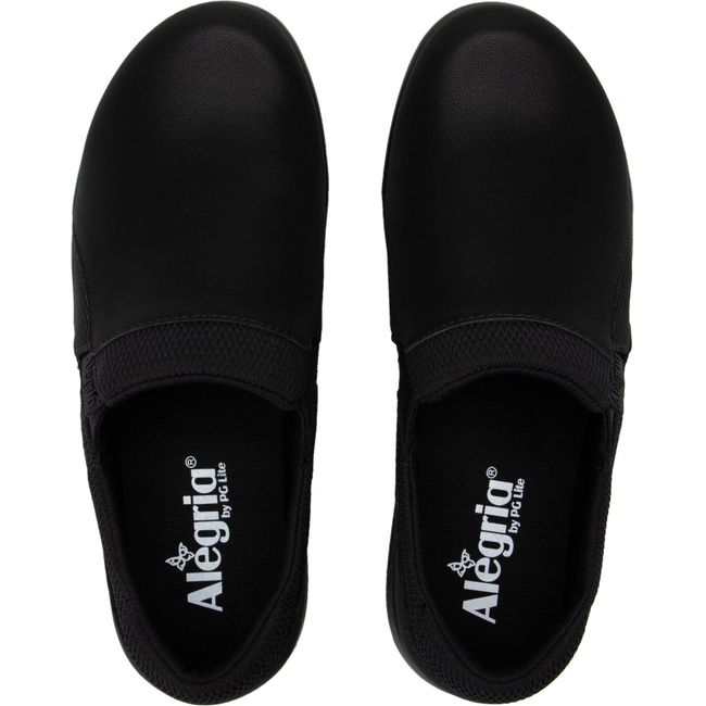 Top down view of a pair of Women's Alegria Duette slip on shoes in black vegan leather