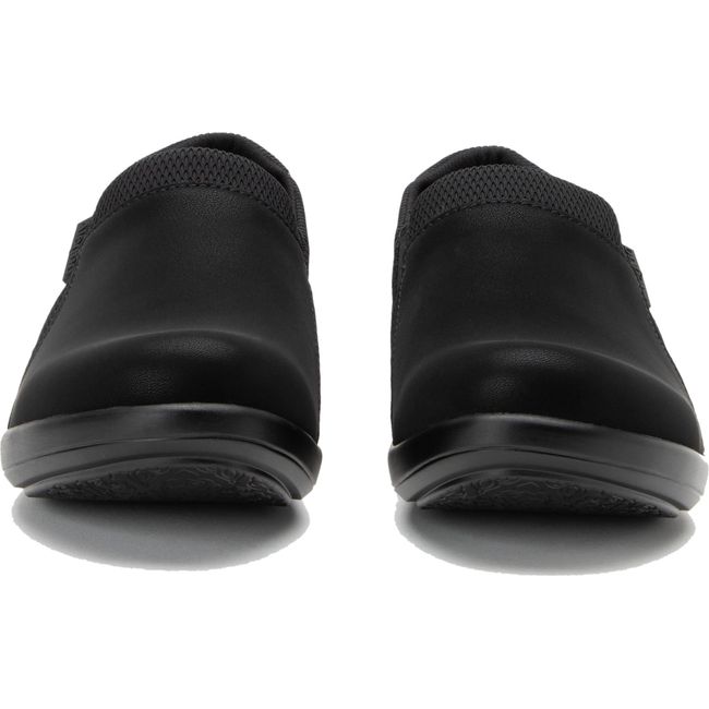 Front of a pair of Women's Alegria Duette slip on shoes in black vegan leather