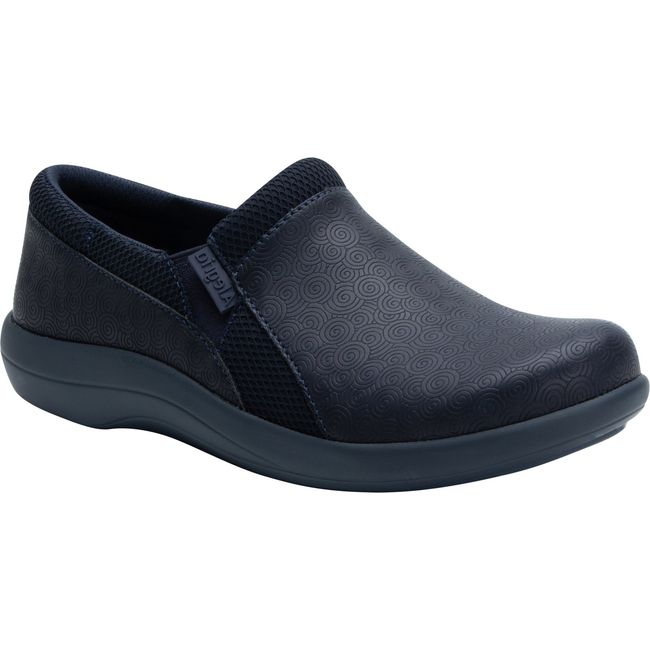 Front angled view of Women's Alegria Duette Slip On Shoe in Swirl Wind Navy