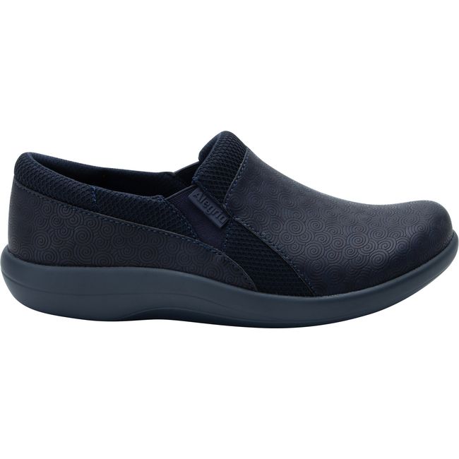 Lateral side of Women's Alegria Duette Slip On Shoe in Swirl Wind Navy