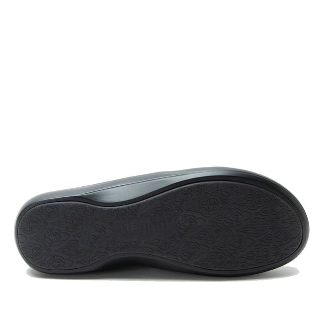 Black slip resistant sole of Alegria Women's Duette Shoes in Washed Navy upper