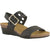 Lateral side angled view of Naot Women's Dynasty Wedge Sandal in black leather, featuring a hook and loop closure for adjustability and a comfortable brown anatomic cork and latex footbed.