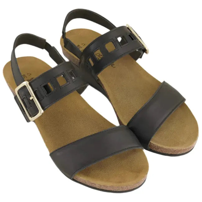 Overhead view of a pair of Naot Women's Dynasty Wedge Sandals in black leather, showcasing the hook and loop closures for adjustability and the brown anatomic cork and latex footbeds.