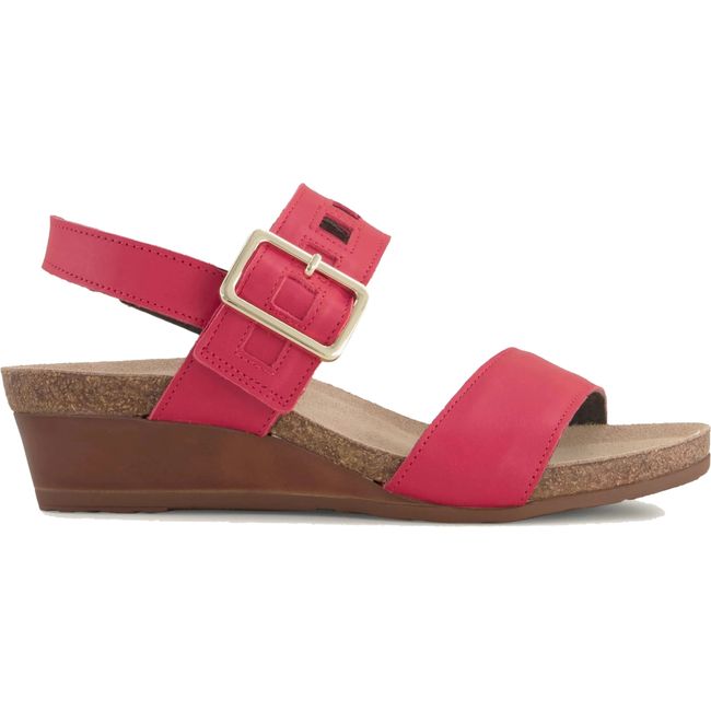 Lateral view of Naot Women's Dynasty Wedge Sandal in kiss red leather with cork footbed