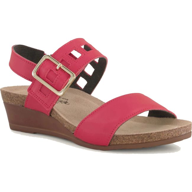 Front angled view of Naot Women's Dynasty Wedge Sandal in kiss red leather with cork footbed