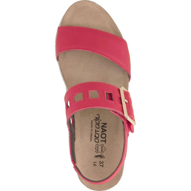 Top down view of Naot Women's Dynasty Wedge Sandal in kiss red leather with cork footbed