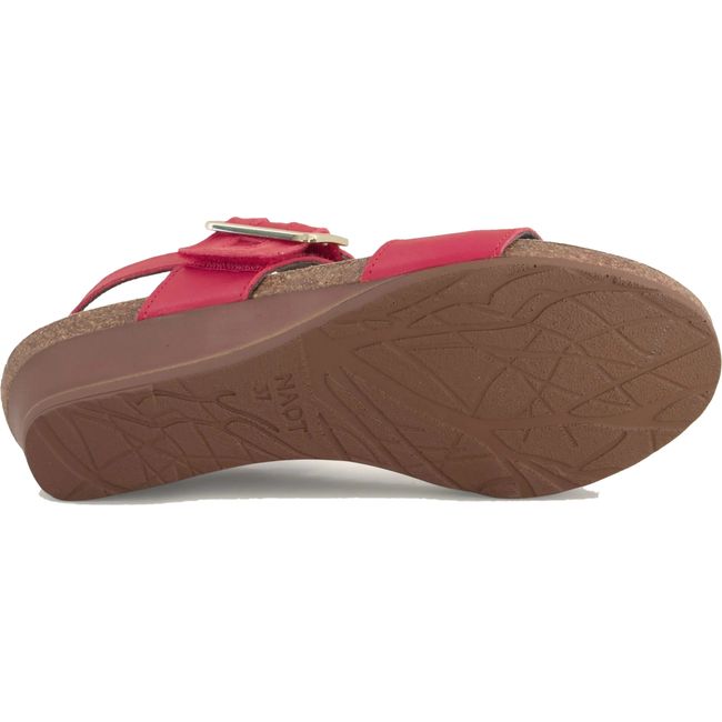 Sole of Naot Women's Dynasty Wedge Sandal in kiss red leather upper and light brown tread