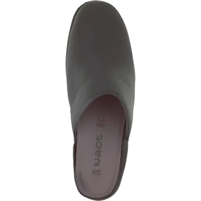 Top view of a Naot Women's Dedicate Black Mule highlighting the sleek leather upper and removable natural cork and latex footbed.