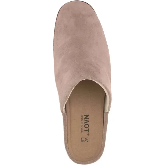 Top view of a Naot Women's Dedicate Tan Mule highlighting the sleek suede upper and removable natural cork and latex footbed.