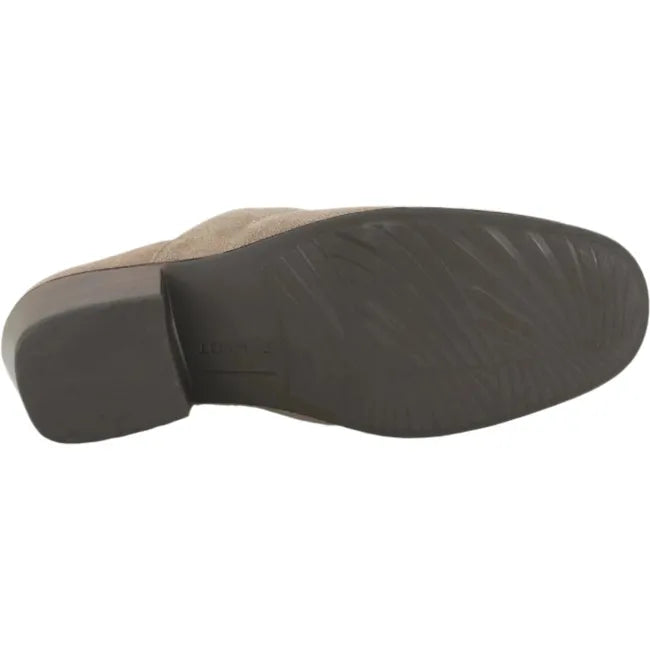 Sole view of Naot Women's Dedicate Tan Mule featuring a durable brown TPU outsole.