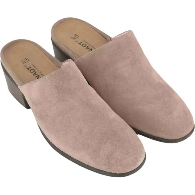 Overhead view of a pair of Naot Women's Dedicate Tan Mules showcasing the sleek suede design, 1.8-inch block heels, and removable natural cork and latex footbeds.