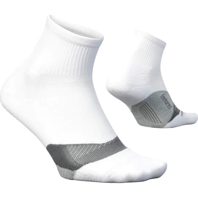 Pair of Women's Feetures Quarter Socks Elite Light Cushion in white with gray accents