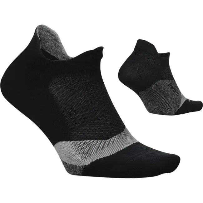 Pair of Women's Feetures Elite Light Cushion No Show Tab Socks in black with gray accents
