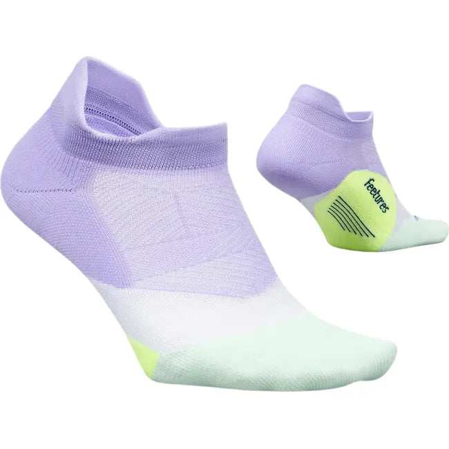 Pair of lavender Womens Feetures Elite Max Cushion Low Cut Socks. Neon green and mint accents