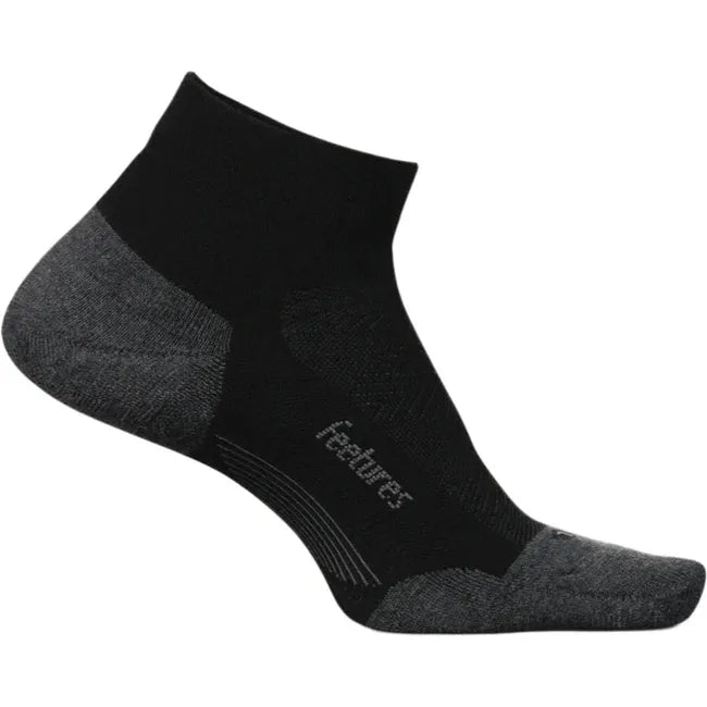 Medial side of Women's Feetures Elite Max Cushion Low Cut Sock in black with gray toe and heel