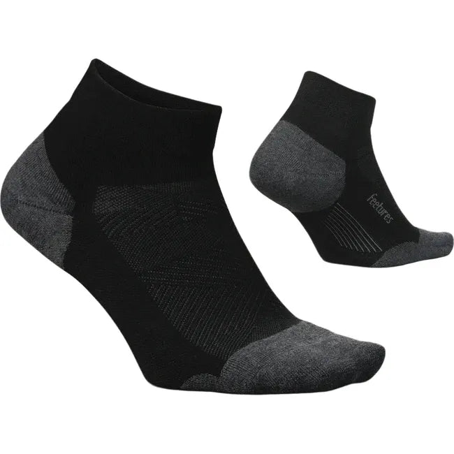 Pair of of Women's Feetures Elite Max Cushion Low Cut Sock in black with gray toe and heel