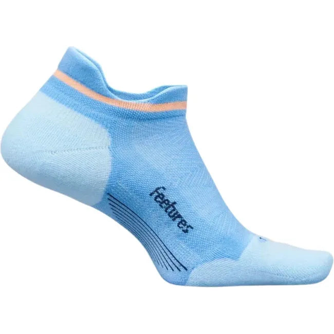 Medial side of Women's Feetures Elite Max Cushion No Show Tab Sock in blue burst