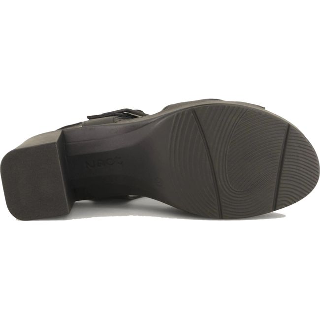 Sole view of Naot Women's Elite Heel Sandal in black leather with black outsole