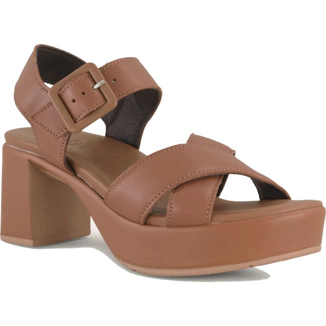 Front angled view of Naot Women's Elite Heel Sandal in carmel brown leather
