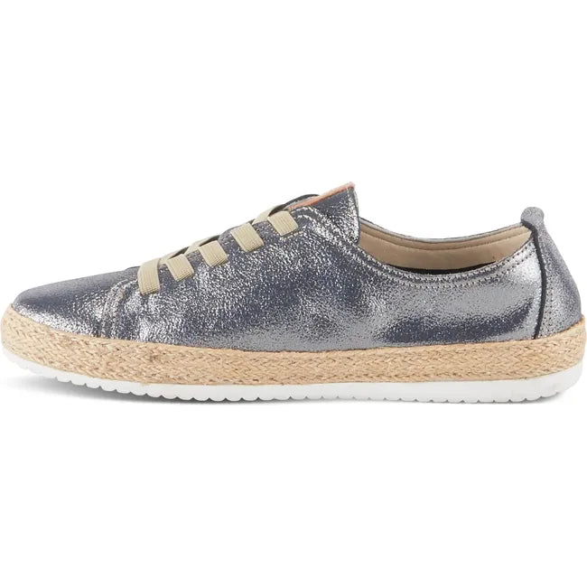 Medial side of Women's Spring Step Eloya Shoe in metallic blue leather