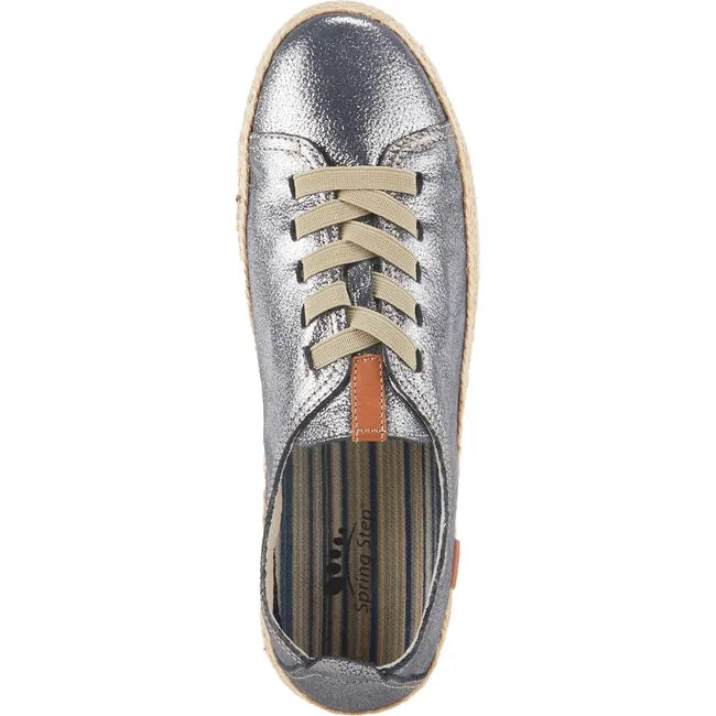 Top down view of Women's Spring Step Eloya Shoe in metallic blue leather and beige laces