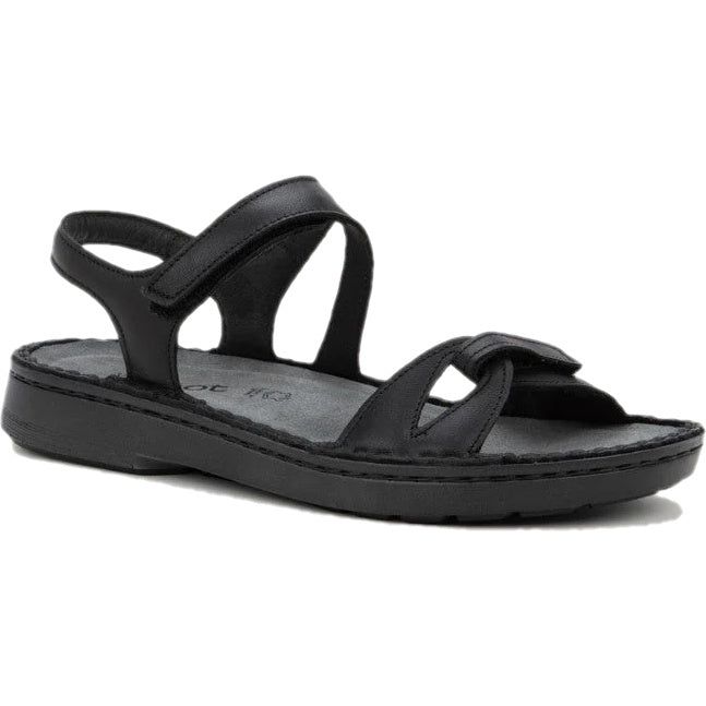 Front angled view of Naot Women's Evora Sandal in jet black leather