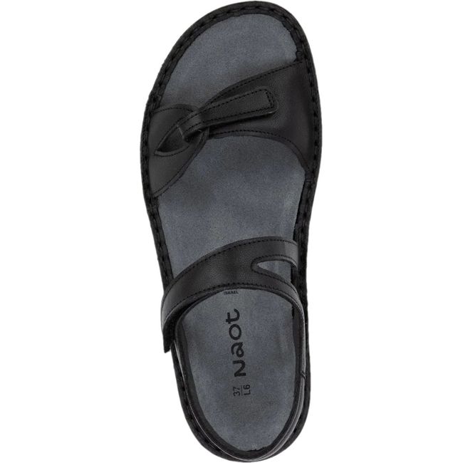 Top down view of Naot Women's Evora Sandal in jet black leather