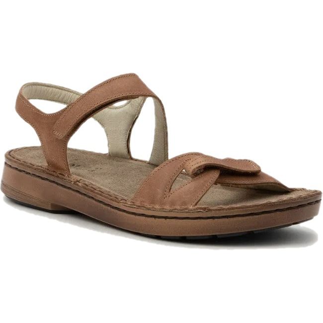Front angled view of Naot Women's Evora Sandal in latte brown leather