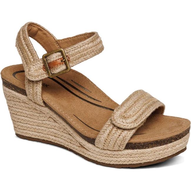 Front angled view of Women's Aetrex Sydney Espadrille Wedge Sandal in Jute with back strap