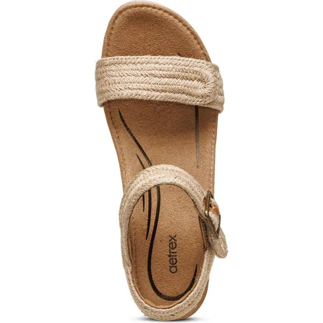 Top down view of Women's Aetrex Sydney Espadrille Wedge Sandal in Jute with back strap