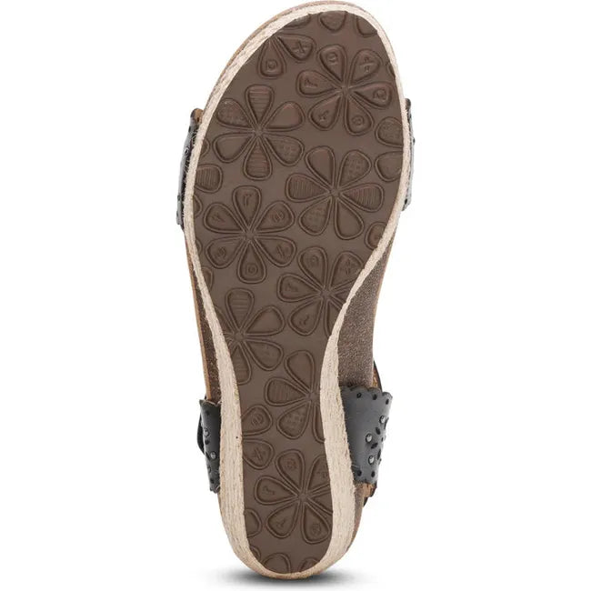 Sole of Women's Aetrex Sydney Espadrille Wedge Sandal in Black Cutout