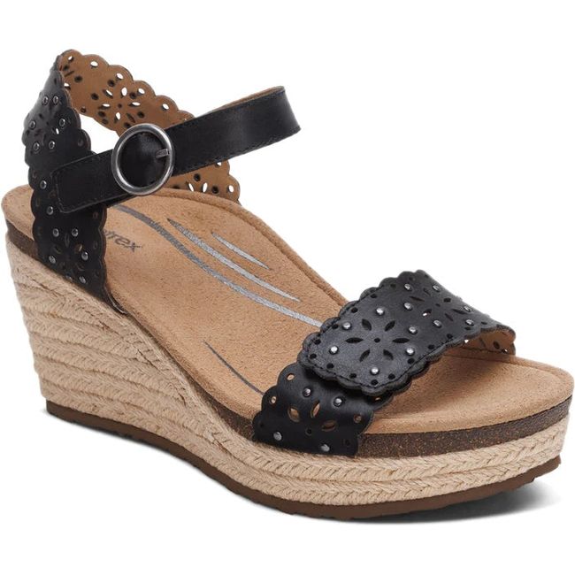 Front angled view of Women's Aetrex Sydney Espadrille Wedge Sandal in Black Cutout